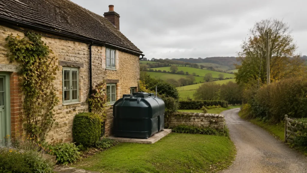 stone cottage with an oil tank on a concrete base beside a country lane