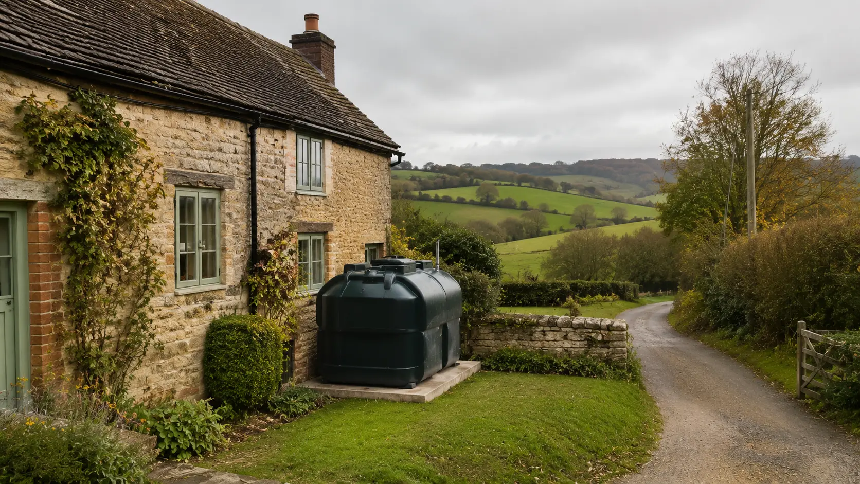 stone cottage with an oil tank on a concrete base beside a country lane