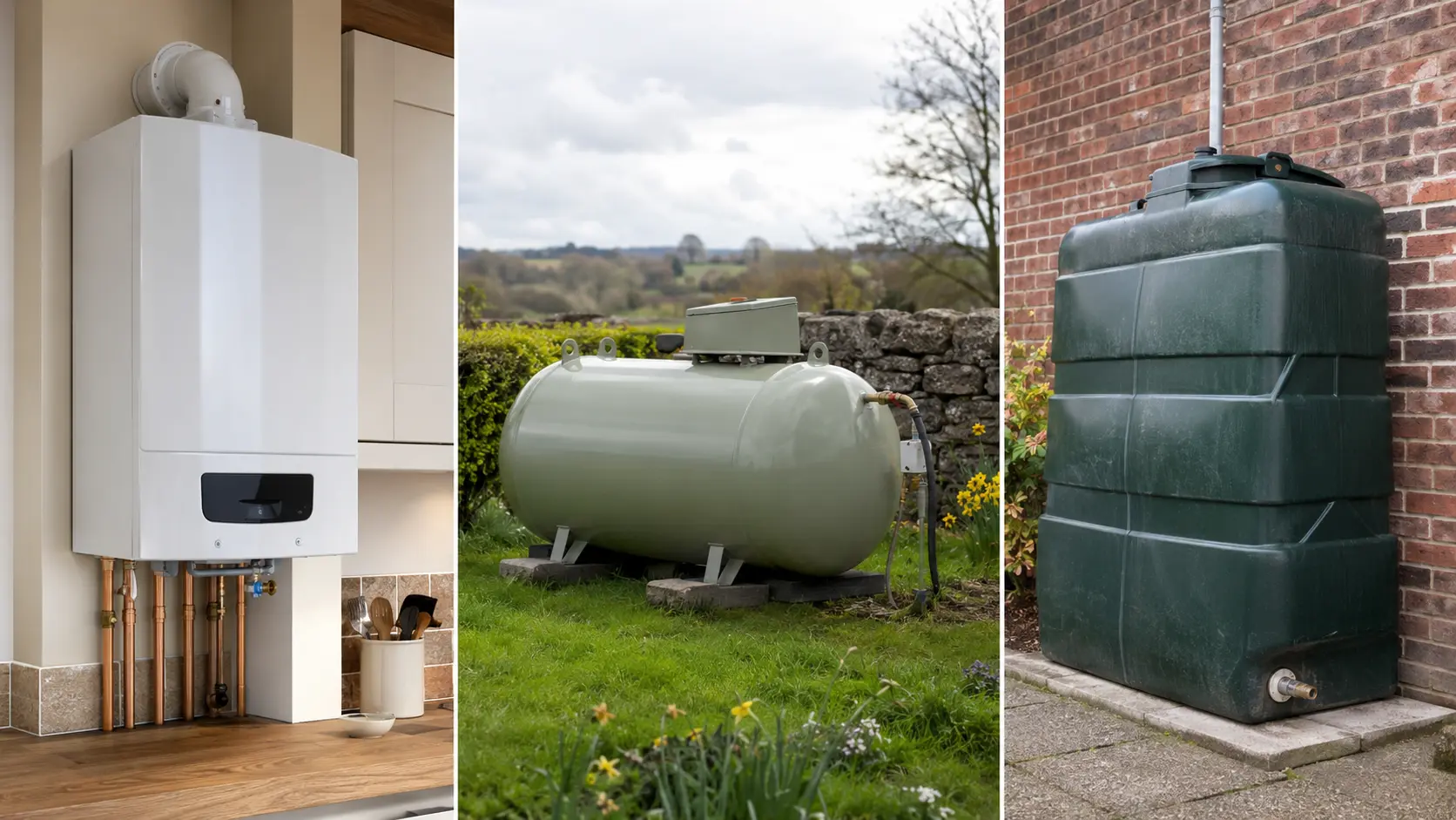 gas combi boiler, LPG tank and oil tank side by side