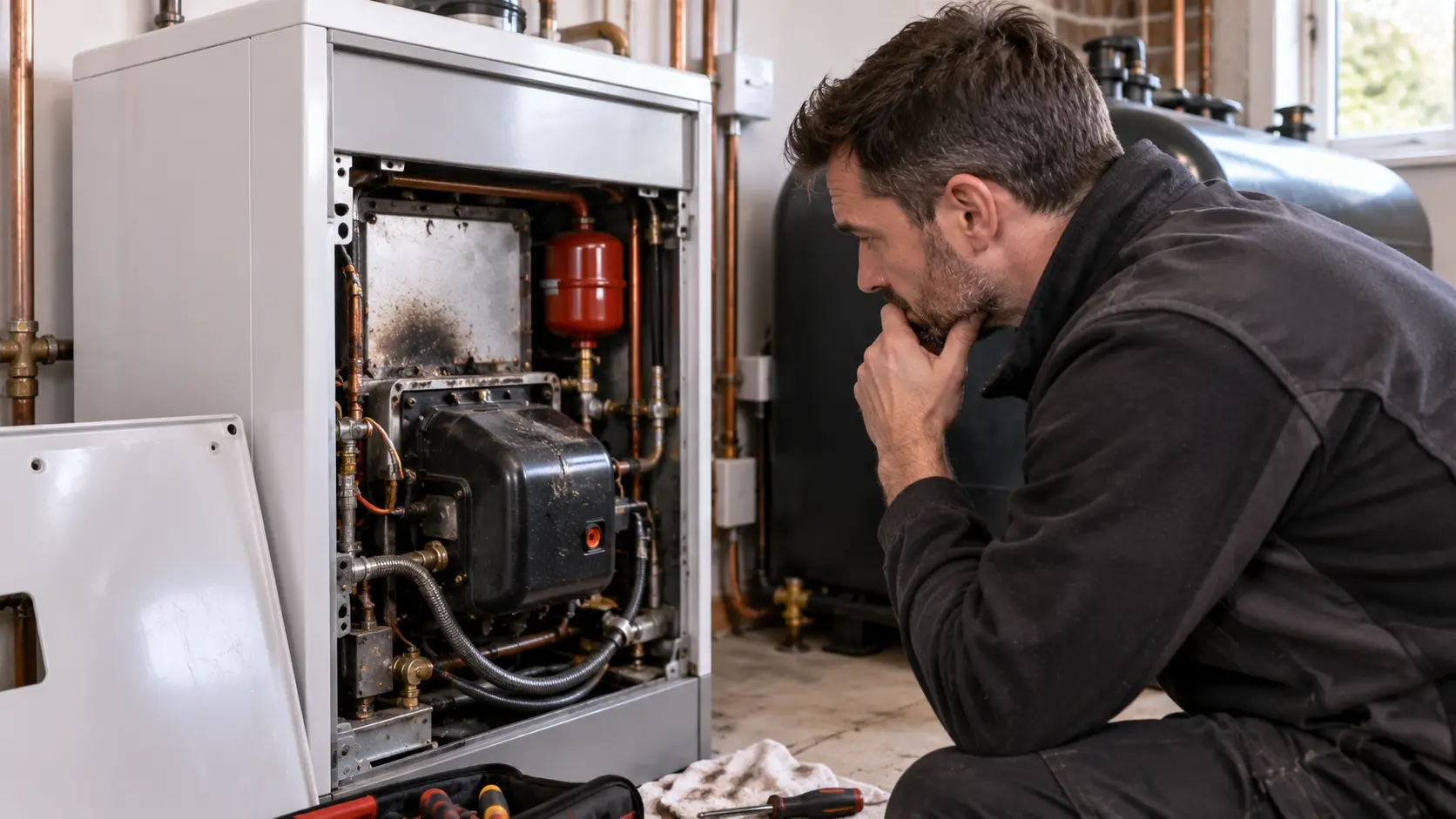 Modern oil boiler with a fault being inspected by a heating engineer