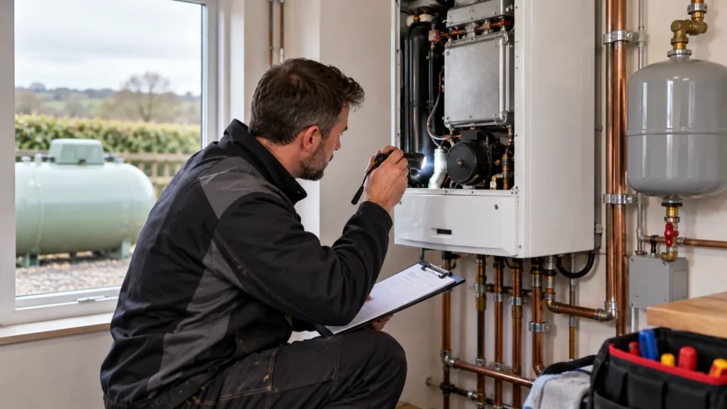 Heating engineer inspecting an LPG boiler in a UK home