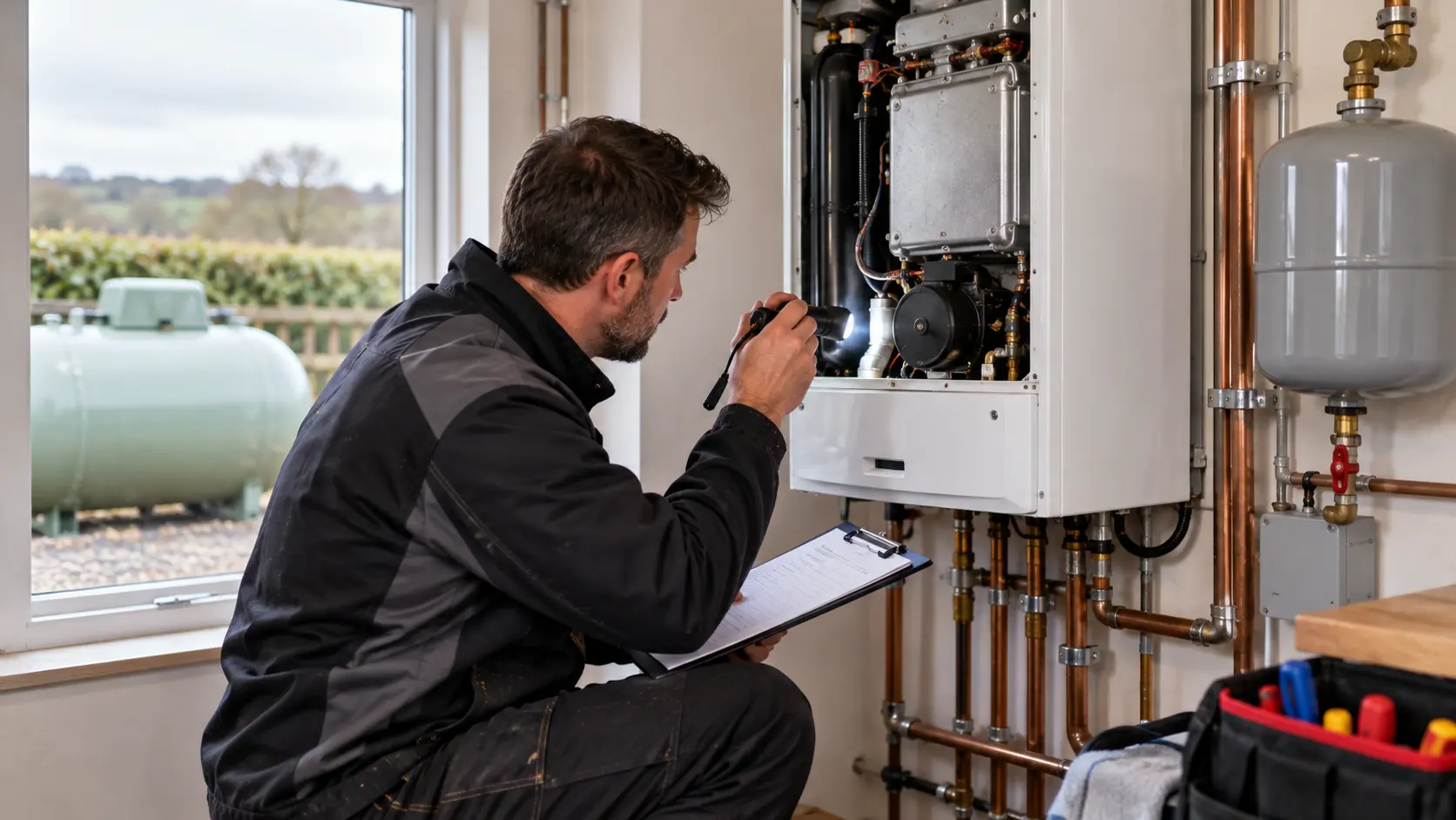 Heating engineer inspecting an LPG boiler in a UK home